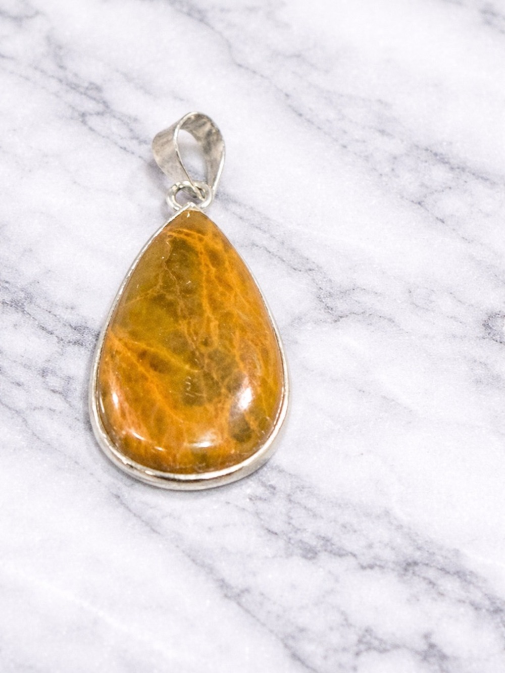 Yellow Jasper Teardrop Pendant Golden Earth Tones Silver Plated Statement